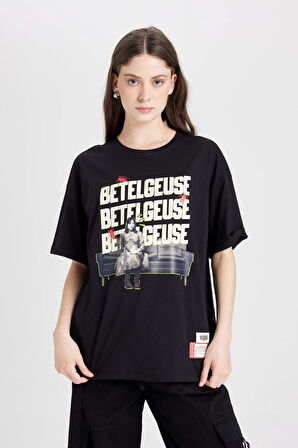 DeFacto Coool Beetlejuice Oversize Geniş Kalıp Bisiklet Yaka Baskılı Kısa Kollu Tişört D8093AX24AUBK81