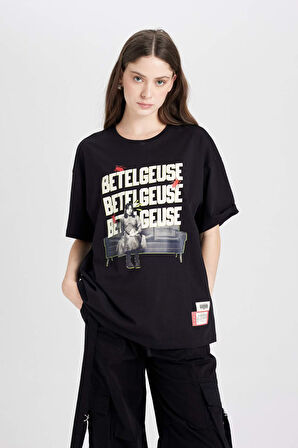 DeFacto Coool Beetlejuice Oversize Geniş Kalıp Bisiklet Yaka Baskılı Kısa Kollu Tişört D8093AX24AUBK81