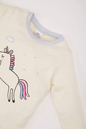 DeFacto Kız Bebek Pijama Takımı Bisiklet Yaka Unicorn Baskılı Uzun Kollu Üst Beli Lastikli Uzun Alt D7170A524WNBE216