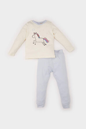 DeFacto Kız Bebek Pijama Takımı Bisiklet Yaka Unicorn Baskılı Uzun Kollu Üst Beli Lastikli Uzun Alt D7170A524WNBE216