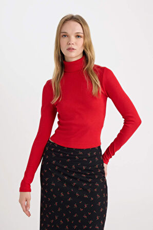 DeFacto Kırmızı Coool Fitted Balıkçı Yaka Fitilli Kaşkorse Basic Düz Uzun Kollu Tişört B6783AX24AURD79