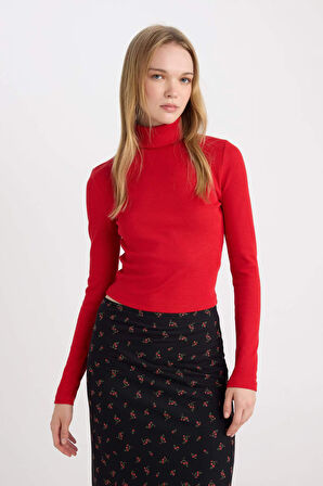 DeFacto Kırmızı Coool Fitted Balıkçı Yaka Fitilli Kaşkorse Basic Düz Uzun Kollu Tişört B6783AX24AURD79