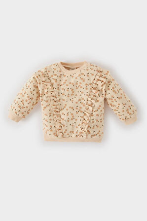 Kız Bebek Bisiklet Yaka Çiçek Desenli İçi Yumuşak Tüylü Sweatshirt