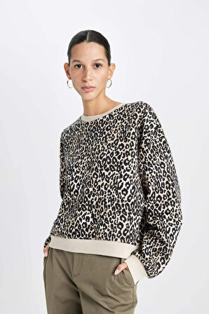 DeFacto Boxy Fit Bisiklet Yaka Leopar Desenli Kalın Sweatshirt D8722AX24WNBG159