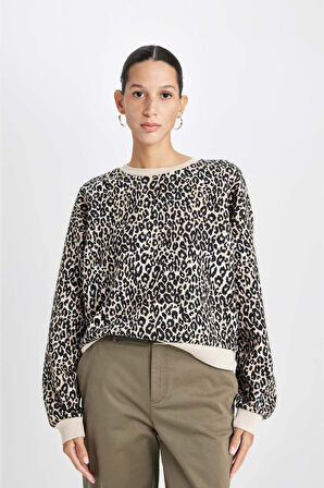 DeFacto Boxy Fit Bisiklet Yaka Leopar Desenli Kalın Sweatshirt D8722AX24WNBG159