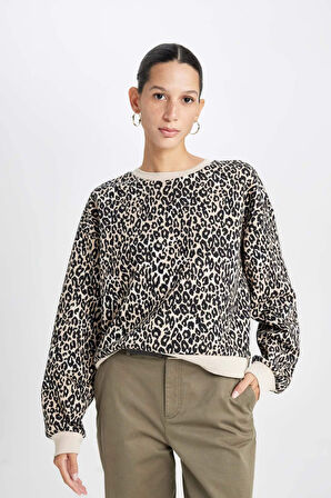 DeFacto Boxy Fit Bisiklet Yaka Leopar Desenli Kalın Sweatshirt D8722AX24WNBG159