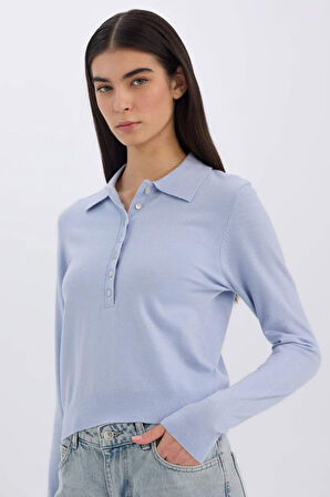 Regular Fit Polo Yaka Basic Düz Triko Kazak