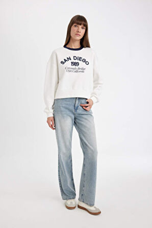 DeFacto Boxy Fit Bisiklet Yaka Baskılı Kalın Sweatshirt D8723AX24WNER105