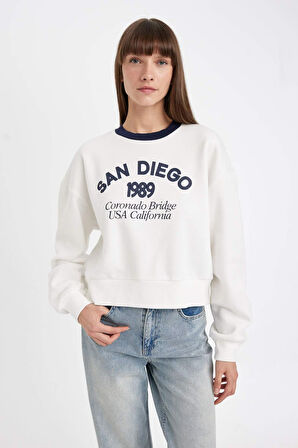 DeFacto Boxy Fit Bisiklet Yaka Baskılı Kalın Sweatshirt D8723AX24WNER105