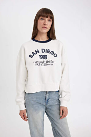 DeFacto Boxy Fit Bisiklet Yaka Baskılı Kalın Sweatshirt D8723AX24WNER105