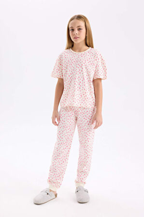 DeFacto Kız Çocuk Pijama Takımı Kalp Desenli Kısa Kollu Üst Uzun Alt D8197A8NSER99