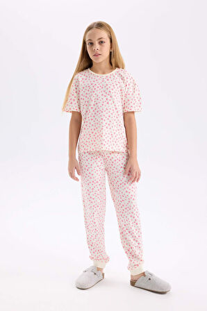 DeFacto Kız Çocuk Pijama Takımı Kalp Desenli Kısa Kollu Üst Uzun Alt D8197A8NSER99