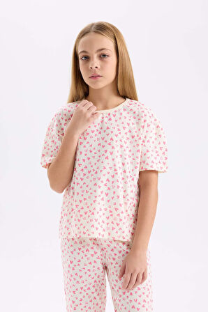 DeFacto Kız Çocuk Pijama Takımı Kalp Desenli Kısa Kollu Üst Uzun Alt D8197A8NSER99