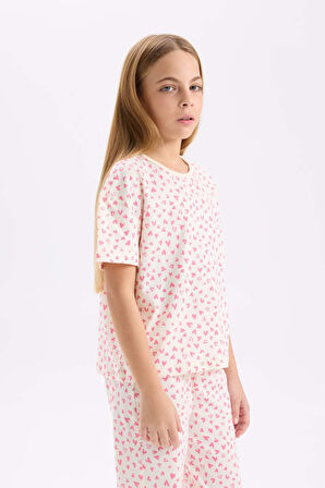 DeFacto Kız Çocuk Pijama Takımı Kalp Desenli Kısa Kollu Üst Uzun Alt D8197A8NSER99