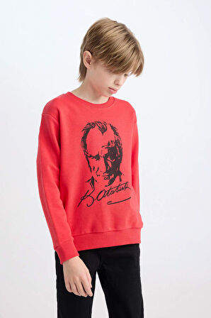 DeFacto Erkek Çocuk Kırmızı Bisiklet Yaka Atatürk Baskılı Sweatshirt D8202A824WNRD117