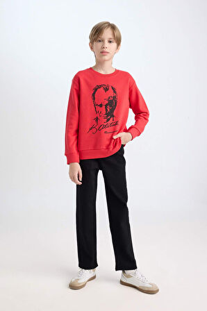 DeFacto Erkek Çocuk Kırmızı Bisiklet Yaka Atatürk Baskılı Sweatshirt D8202A824WNRD117