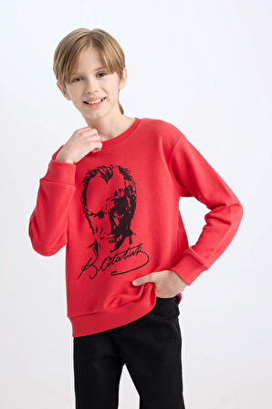 DeFacto Erkek Çocuk Kırmızı Bisiklet Yaka Atatürk Baskılı Sweatshirt D8202A824WNRD117