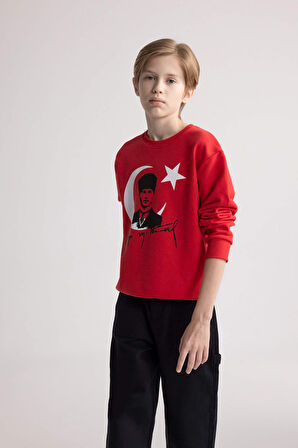 DeFacto Erkek Çocuk Bisiklet Yaka Atatürk Baskılı Kırmızı Sweatshirt D8199A824WNRD117