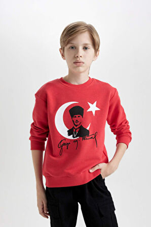 DeFacto Erkek Çocuk Bisiklet Yaka Atatürk Baskılı Kırmızı Sweatshirt D8199A824WNRD117