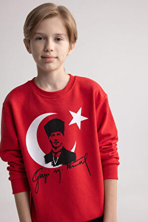 DeFacto Erkek Çocuk Bisiklet Yaka Atatürk Baskılı Kırmızı Sweatshirt D8199A824WNRD117