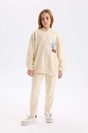 DeFacto Kız Çocuk 2'li Takım Bisiklet Yaka Baskılı Sweatshirt Beli Lastikli Jogger Eşofman Altı D4057A824WNER42