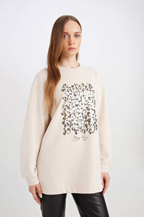DeFacto Relax Fit Bisiklet Yaka Parlak Baskılı İçi Yumuşak Tüylü İnce Sweatshirt Tunik D7445AX24WNBG350