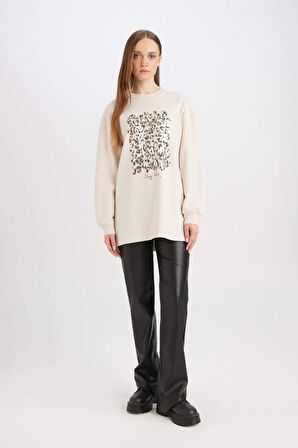 DeFacto Relax Fit Bisiklet Yaka Parlak Baskılı İçi Yumuşak Tüylü İnce Sweatshirt Tunik D7445AX24WNBG350