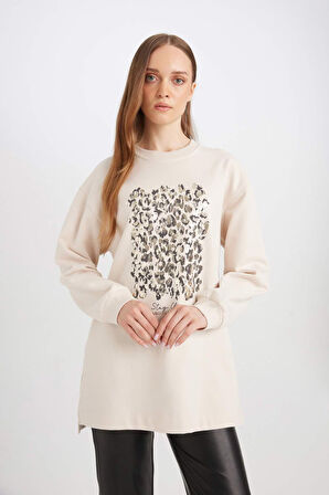 DeFacto Relax Fit Bisiklet Yaka Parlak Baskılı İçi Yumuşak Tüylü İnce Sweatshirt Tunik D7445AX24WNBG350