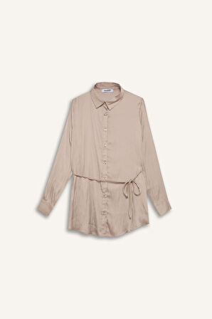 DeFacto Relax Fit Gömlek Yaka Basic Düz Saten Beli Bağcıklı Uzun Kollu Gömlek Tunik D7202AX24WNBG705