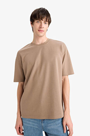 Defacto X3926 Kahve Oversize Geniş Kalıp Bisiklet Yaka Kısa Kollu Ağır Kumaş Tişört