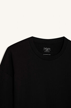 Defacto D6070 Siyah %100 Pamuk Boxy Fit Bisiklet Yaka Basic Düz Kısa Kollu Siyah Tişört