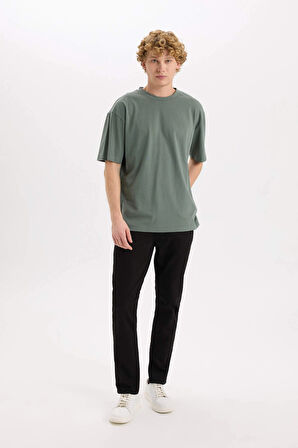 Defacto D6070 Yeşil %100 Pamuk Boxy Fit Bisiklet Yaka Basic Düz Kısa Kollu Tişört