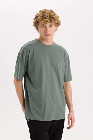 Defacto D6070 Yeşil %100 Pamuk Boxy Fit Bisiklet Yaka Basic Düz Kısa Kollu Tişört