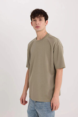 Defacto X3926 Haki Oversize Geniş Kalıp Bisiklet Yaka Kısa Kollu Ağır Kumaş Tişört