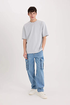 Defacto X3926 Gri Oversize Geniş Kalıp Ütü Gerektirmeyen Bisiklet Yaka Kısa Kollu Basic Düz Ağır Kumaş Tişört