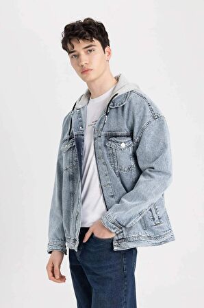 DeFacto Oversize Geniş Kalıp Kapüşonlu Düğmeli Cepli Jean Ceket B8181AX24SPNM39