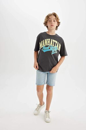 DeFacto Erkek Çocuk Oversize Fit Bisiklet Yaka Baskılı Kısa Kollu Tişört C3901A824HSAR148