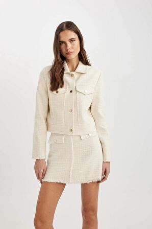 DeFacto Cropped Fit Gömlek Yaka Tweed Blazer Ceket C4433AX24SMER105