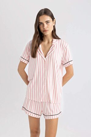 DeFacto Pijama Takımı Bridal Çizgili Kısa Kollu Şortlu Viskon-Fall in Love B8720AX24SMWT46