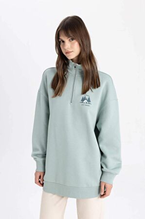 DeFacto Fermuarlı Dik Yaka Baskılı İçi Yumuşak Tüylü Sweatshirt Tunik C5420AX24SPGN1109