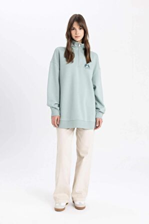 DeFacto Fermuarlı Dik Yaka Baskılı İçi Yumuşak Tüylü Sweatshirt Tunik C5420AX24SPGN1109