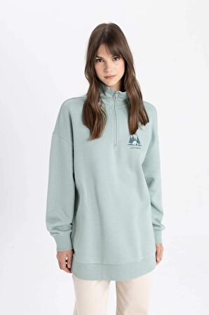 DeFacto Fermuarlı Dik Yaka Baskılı İçi Yumuşak Tüylü Sweatshirt Tunik C5420AX24SPGN1109