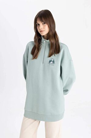 DeFacto Fermuarlı Dik Yaka Baskılı İçi Yumuşak Tüylü Sweatshirt Tunik C5420AX24SPGN1109