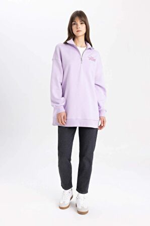 DeFacto Fermuarlı Dik Yaka Baskılı İçi Yumuşak Tüylü Sweatshirt Tunik C6010AX24SPPR143