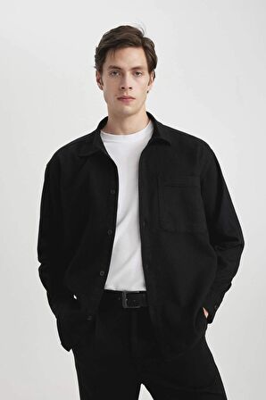 DeFacto Oversize Geniş Kalıp Polo Yaka Waffle Uzun Kollu Siyah Gömlek C2841AX24SPBK81