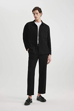DeFacto Oversize Geniş Kalıp Polo Yaka Waffle Uzun Kollu Siyah Gömlek C2841AX24SPBK81