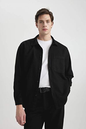 DeFacto Oversize Geniş Kalıp Polo Yaka Waffle Uzun Kollu Siyah Gömlek C2841AX24SPBK81