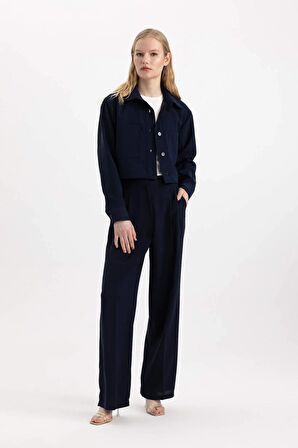 DeFacto Klasik Kumaş Pantolon Wide Leg Geniş Bol Paça Pensli Çift Cepli Yüksek Bel Düz Basic C3833AX24SMNV28