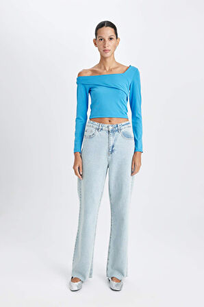 DeFacto Fitted Vücuda Oturan Omuzu Açık Uzun Kollu Tişört D5155AX24AUBE423