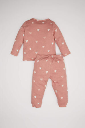 DeFacto Kız Bebek Pijama Takımı Kalp Desenli Uzun Kollu Waffle Üst Beli Lastikli Uzun Alt D6797A5NSPN390